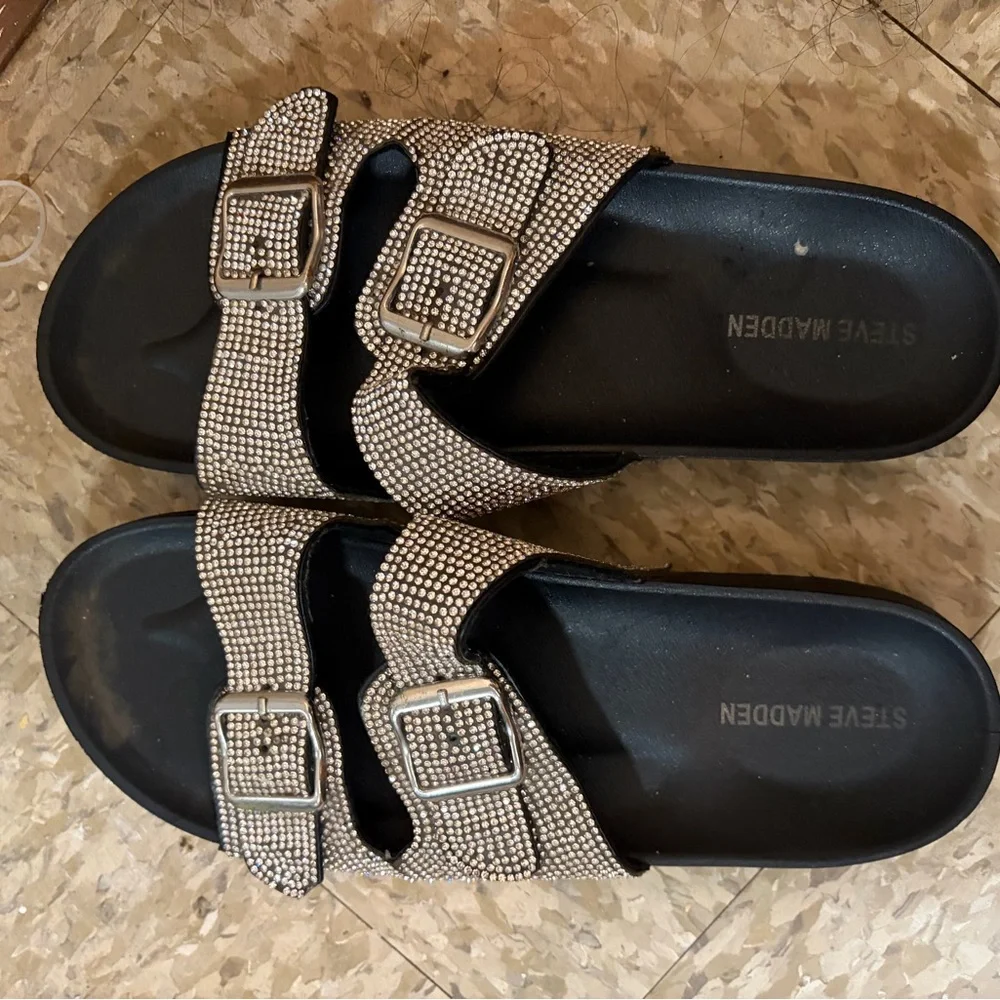 Steve Madden Black Slides with Silver Crystal Straps - Picture 2 of 2